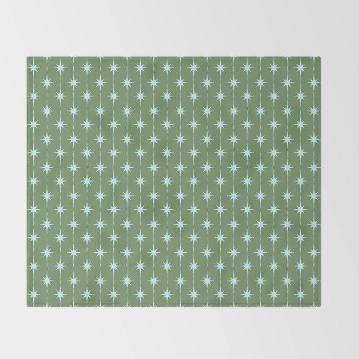 Mid Century Modern Stars and Dots Pattern in Olive Green and Light Ice Blue Throw Blanket Gallery Image 2
