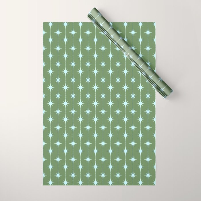 Mid Century Modern Stars and Dots Pattern in Olive Green and Light Ice Blue Wrapping Paper Gallery Image 1