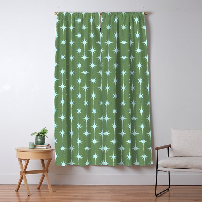 Mid Century Modern Stars and Dots Pattern in Olive Green and Light Ice Blue Window Curtain Gallery Image 5