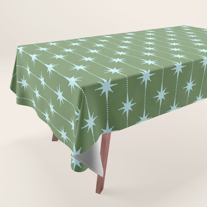 Mid Century Modern Stars and Dots Pattern in Olive Green and Light Ice Blue Tablecloth Gallery Image 1