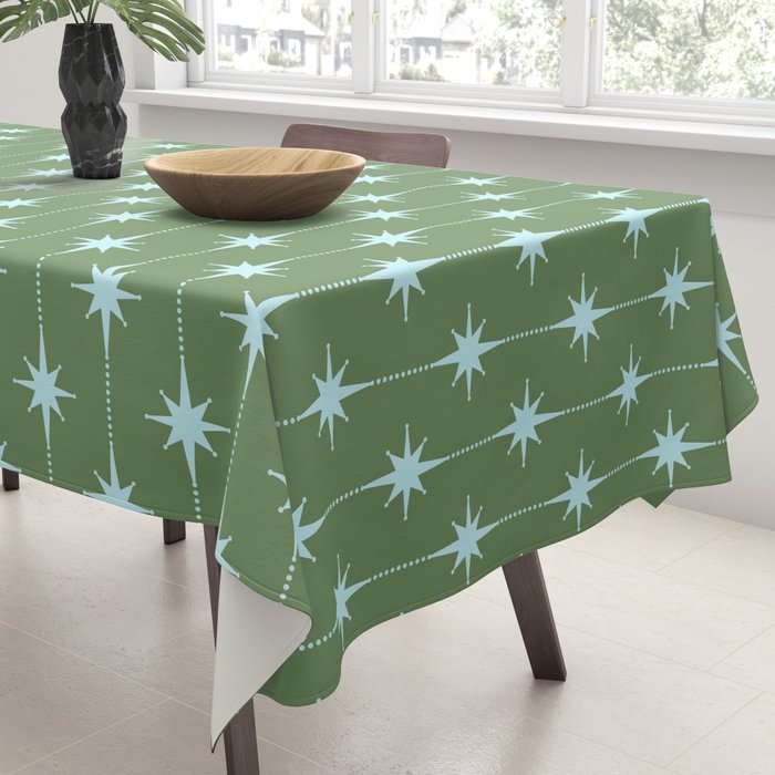 Mid Century Modern Stars and Dots Pattern in Olive Green and Light Ice Blue Tablecloth Gallery Image 3
