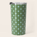 Mid Century Modern Stars and Dots Pattern in Olive Green and Light Ice Blue Travel Mug Gallery Image 3