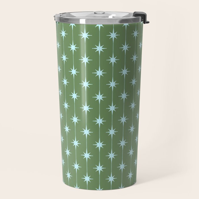 Mid Century Modern Stars and Dots Pattern in Olive Green and Light Ice Blue Travel Mug Gallery Image 2