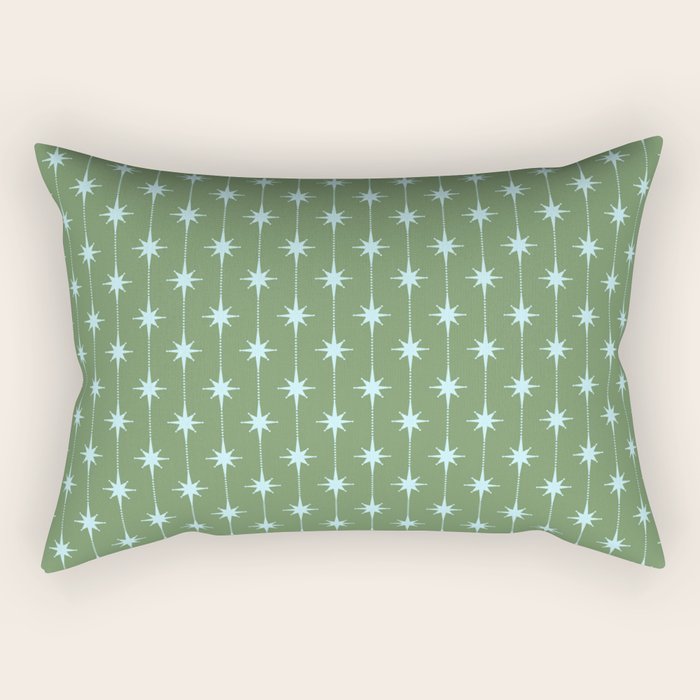 Mid Century Modern Stars and Dots Pattern in Olive Green and Light Ice Blue Rectangular Pillow Gallery Image 2