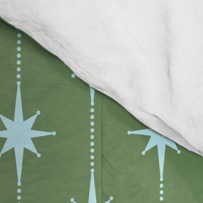 Mid Century Modern Stars and Dots Pattern in Olive Green and Light Ice Blue Comforter Gallery Image 4