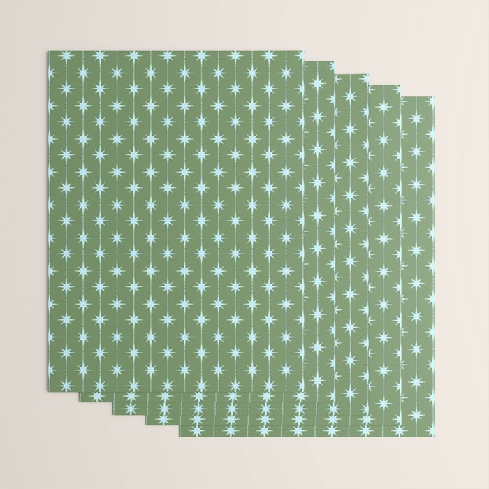 Mid Century Modern Stars and Dots Pattern in Olive Green and Light Ice Blue Wrapping Paper Gallery Image 3
