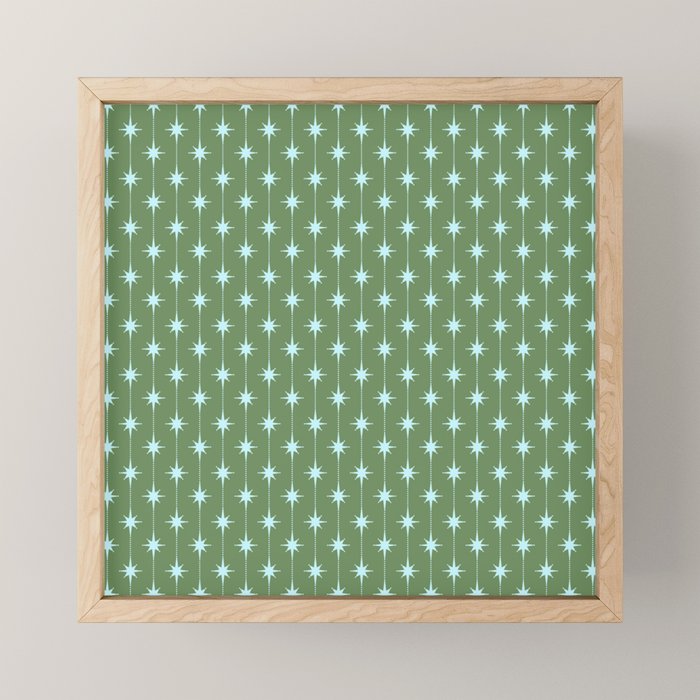 Mid Century Modern Stars and Dots Pattern in Olive Green and Light Ice Blue Mini Art Print Gallery Image 1