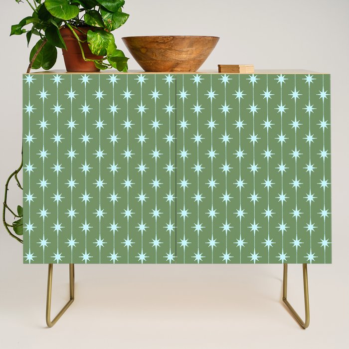 Mid Century Modern Stars and Dots Pattern in Olive Green and Light Ice Blue Credenza Gallery Image 1