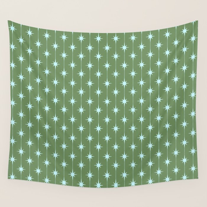 Mid Century Modern Stars and Dots Pattern in Olive Green and Light Ice Blue Wall Tapestry Gallery Image 1