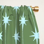 Mid Century Modern Stars and Dots Pattern in Olive Green and Light Ice Blue Window Curtain Gallery Image 2