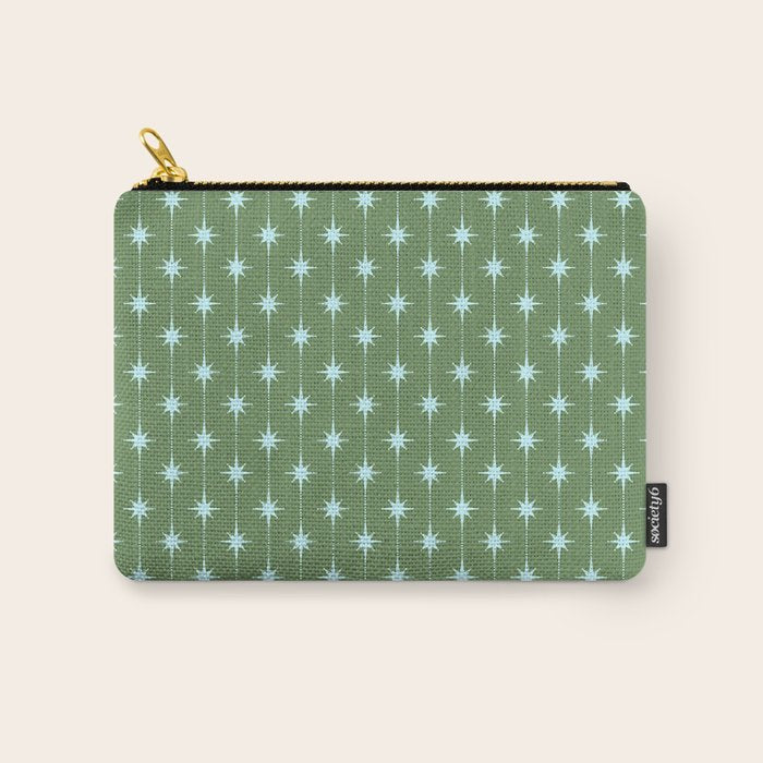 Mid Century Modern Stars and Dots Pattern in Olive Green and Light Ice Blue Carry All Pouch Gallery Image 1