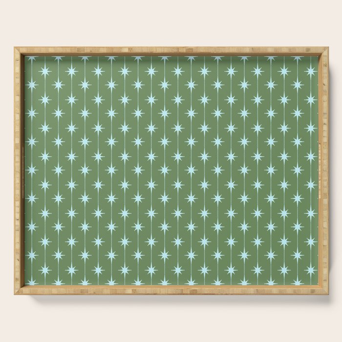Mid Century Modern Stars and Dots Pattern in Olive Green and Light Ice Blue Serving Tray Gallery Image 1