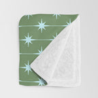 Mid Century Modern Stars and Dots Pattern in Olive Green and Light Ice Blue Throw Blanket Gallery Image 3