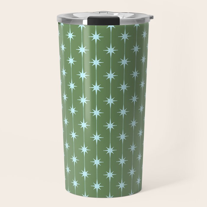 Mid Century Modern Stars and Dots Pattern in Olive Green and Light Ice Blue Travel Mug Gallery Image 1