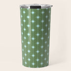 Mid Century Modern Stars and Dots Pattern in Olive Green and Light Ice Blue Travel Mug Gallery Image 1