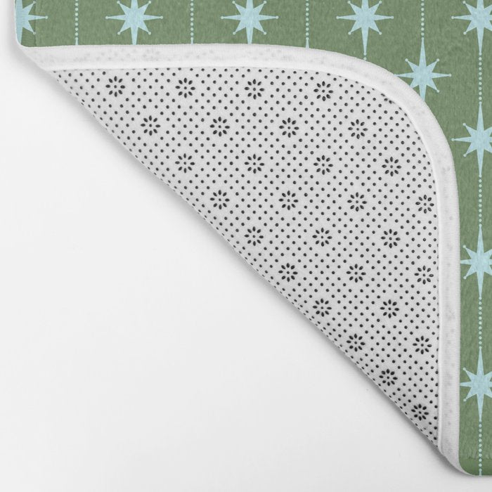 Mid Century Modern Stars and Dots Pattern in Olive Green and Light Ice Blue Bath Mat Gallery Image 2