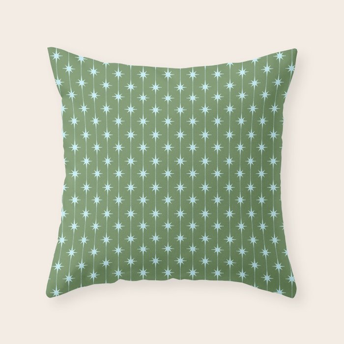 Mid Century Modern Stars and Dots Pattern in Olive Green and Light Ice Blue Throw Pillow Gallery Image 6