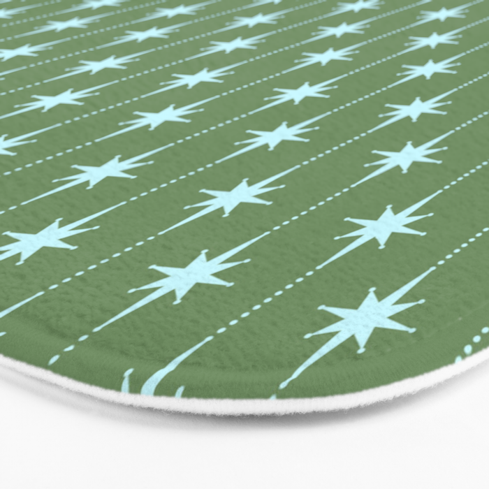 Mid Century Modern Stars and Dots Pattern in Olive Green and Light Ice Blue Bath Mat Gallery Image 3