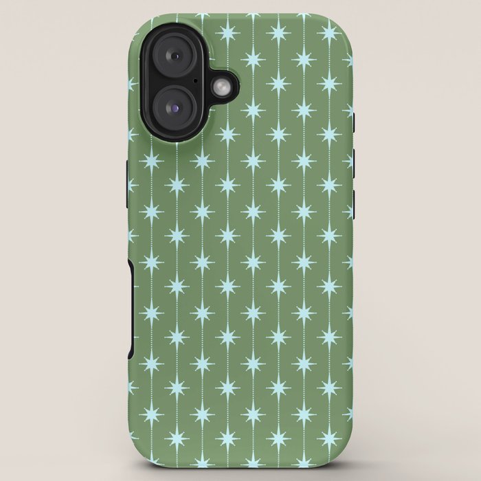 Mid Century Modern Stars and Dots Pattern in Olive Green and Light Ice Blue iPhone Case Gallery Image 5