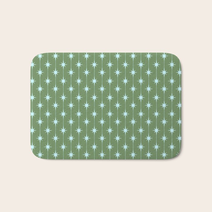 Mid Century Modern Stars and Dots Pattern in Olive Green and Light Ice Blue Bath Mat Gallery Image 1
