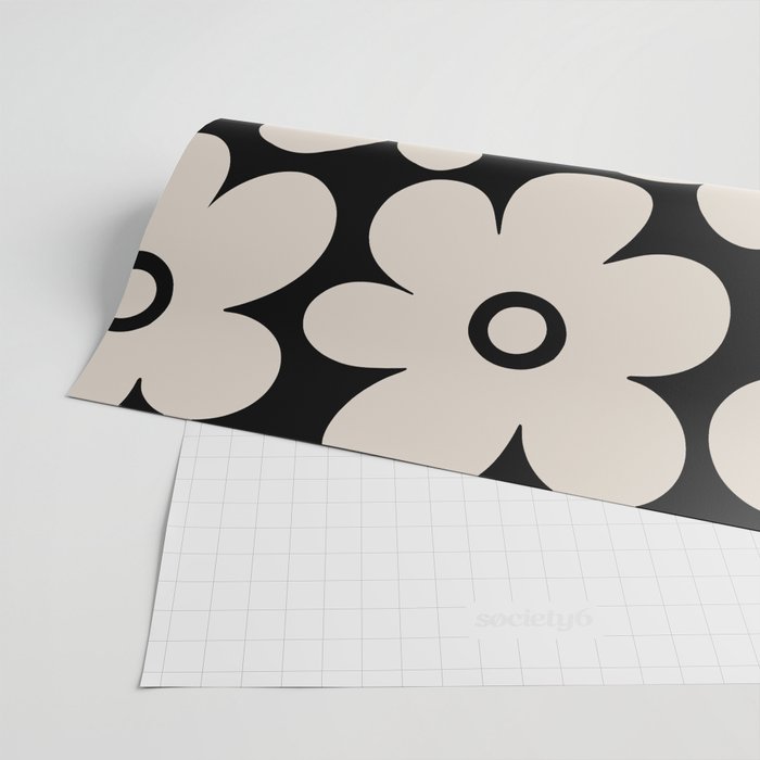 Retro Flowers Black and Linen White Wrapping Paper Gallery Image 2
