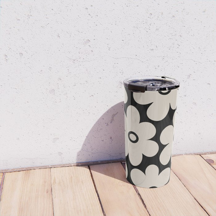 Retro Flowers Black and Linen White Travel Mug Gallery Image 4