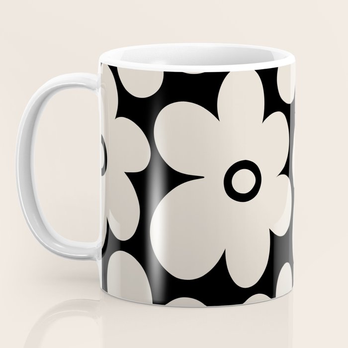 Retro Flowers Black and Linen White Coffee Mug Gallery Image 3