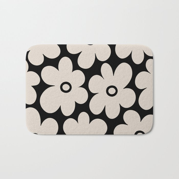 Retro Flowers Black and Linen White Bath Mat Gallery Image 1
