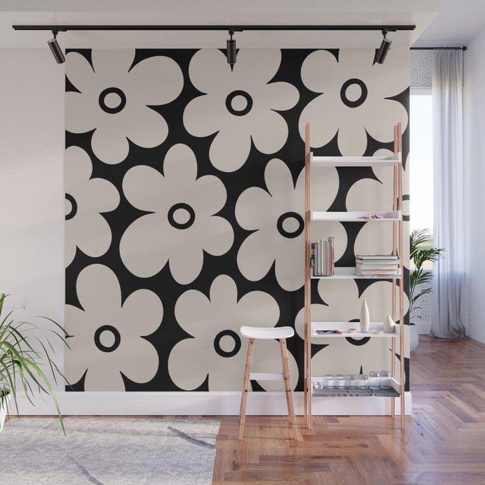 Retro Flowers Black and Linen White Wall Mural Gallery Image 1