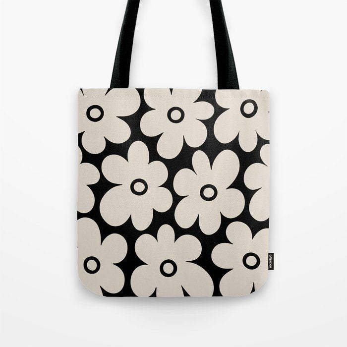Retro Flowers Black and Linen White Tote Bag Gallery Image 1
