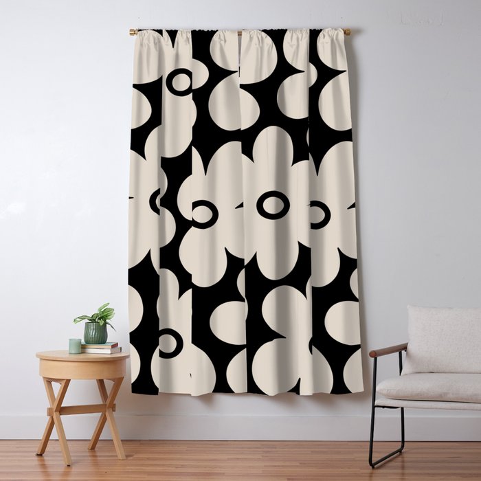 Retro Flowers Black and Linen White Window Curtain Gallery Image 1