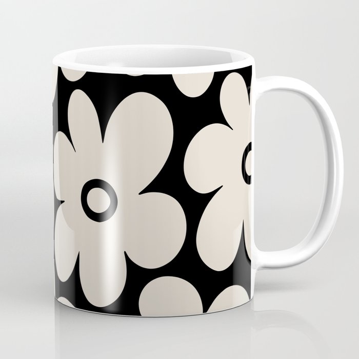 Retro Flowers Black and Linen White Coffee Mug Gallery Image 1