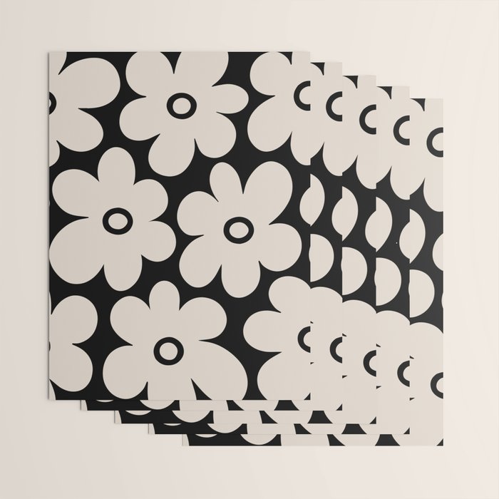 Retro Flowers Black and Linen White Wrapping Paper Gallery Image 3