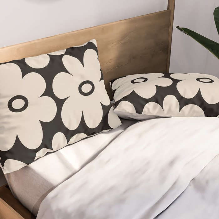 Retro Flowers Black and Linen White Pillow Sham Gallery Image 2