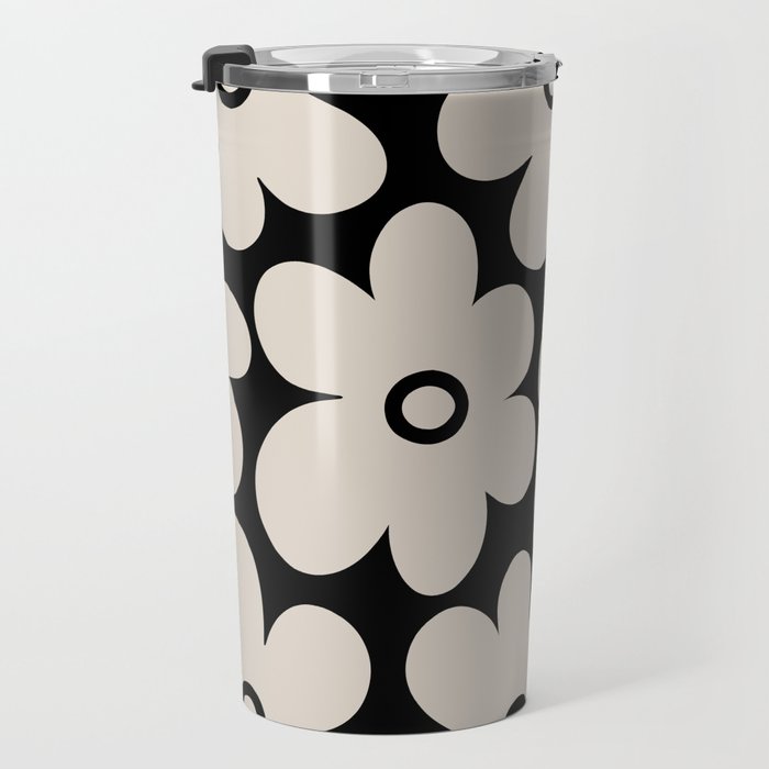 Retro Flowers Black and Linen White Travel Mug Gallery Image 3