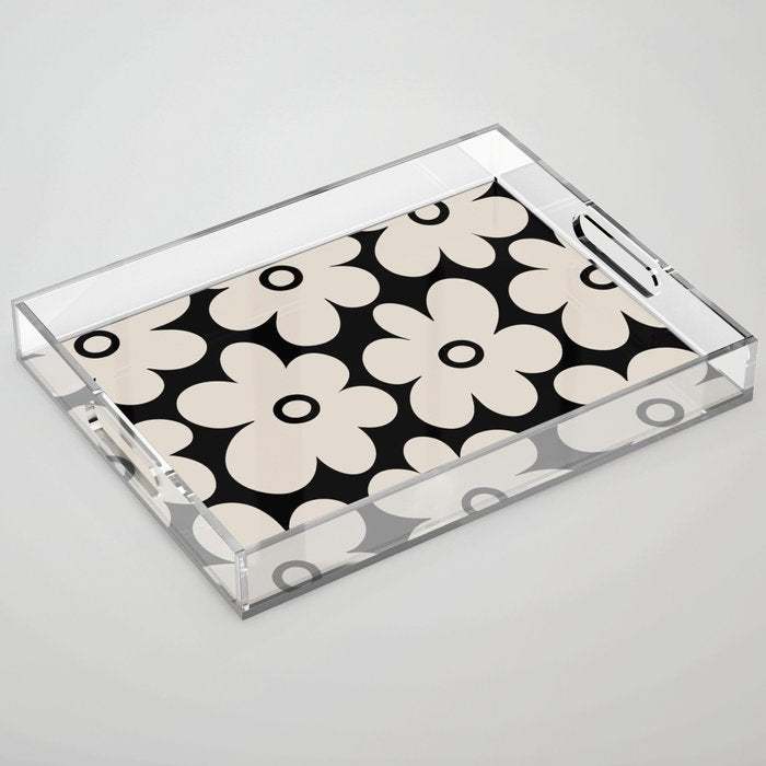 Retro Flowers Black and Linen White Acrylic Tray Gallery Image 1
