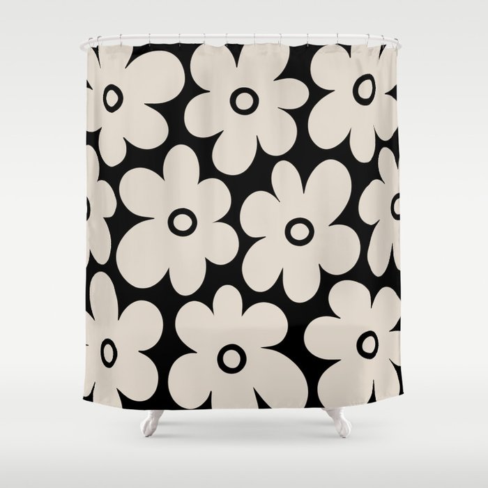 Retro Flowers Black and Linen White Shower Curtain Gallery Image 1