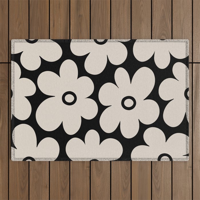Retro Flowers Black and Linen White Outdoor Rug Gallery Image 1