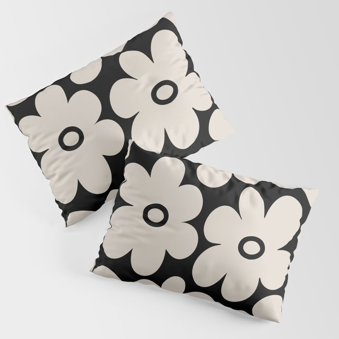 Retro Flowers Black and Linen White Pillow Sham Gallery Image 1