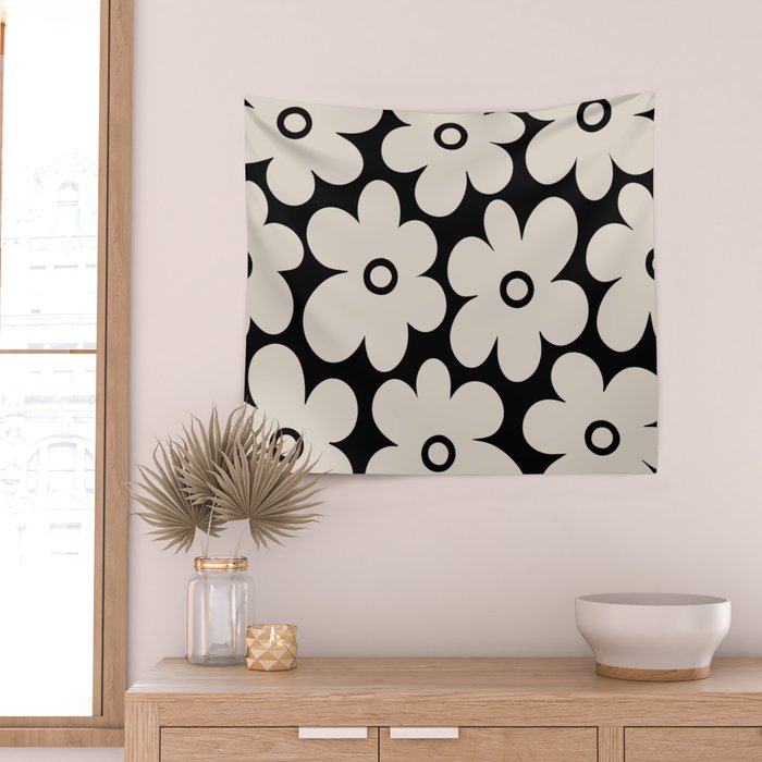 Retro Flowers Black and Linen White Wall Tapestry Gallery Image 2