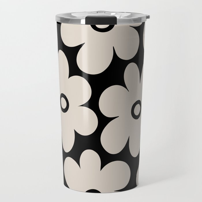 Retro Flowers Black and Linen White Travel Mug Gallery Image 1