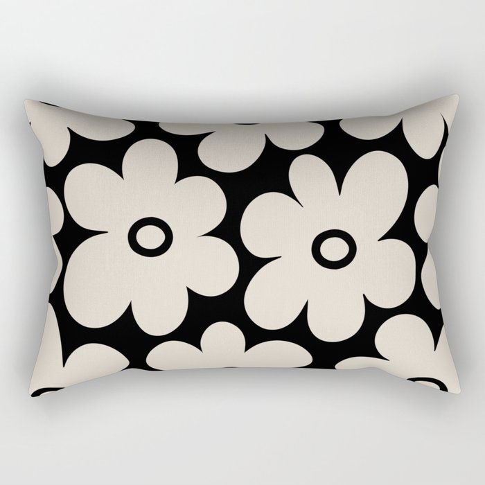 Retro Flowers Black and Linen White Rectangular Pillow Gallery Image 2