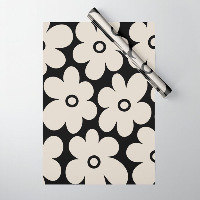 Retro Flowers Black and Linen White Wrapping Paper Gallery Image 1