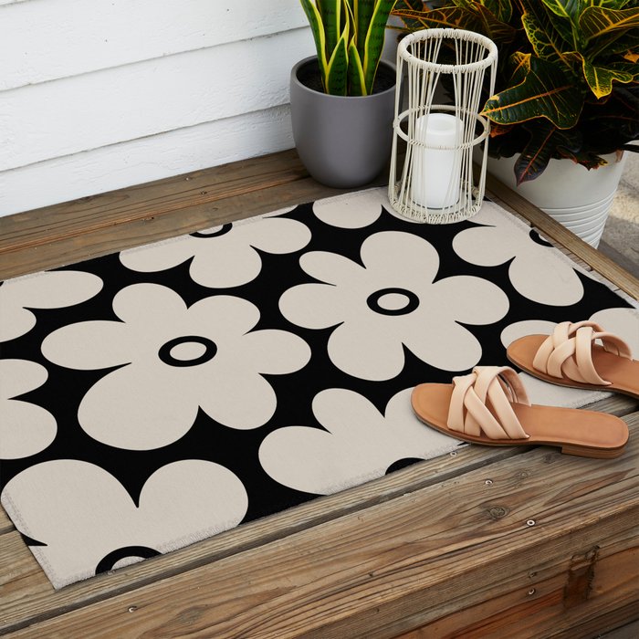 Retro Flowers Black and Linen White Outdoor Rug Gallery Image 2