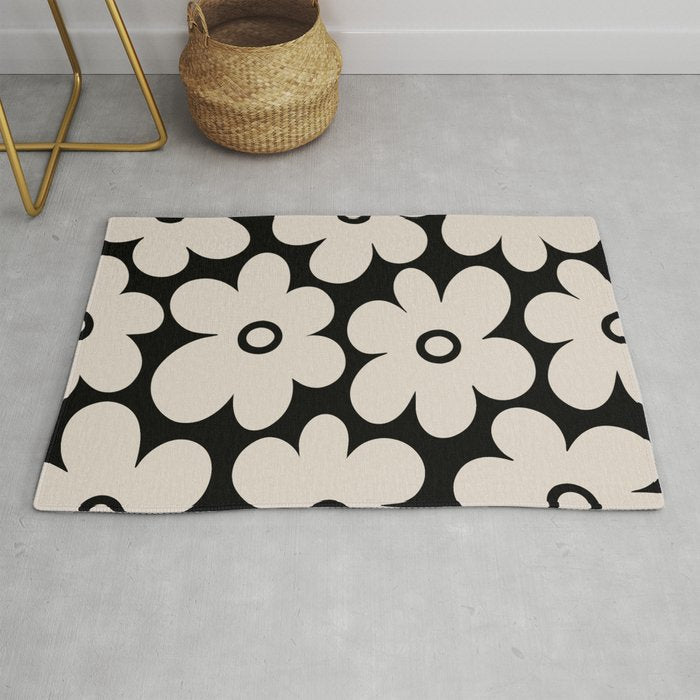 Retro Flowers Black and Linen White Rug Gallery Image 1