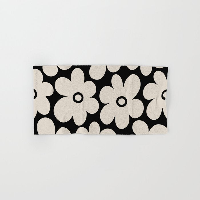 Retro Flowers Black and Linen White Bath Towel Gallery Image 1