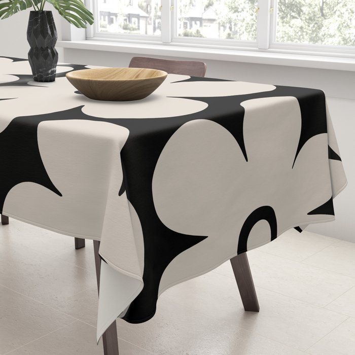 Retro Flowers Black and Linen White Tablecloth Gallery Image 3