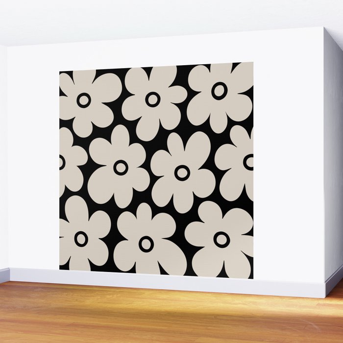 Retro Flowers Black and Linen White Wall Mural Gallery Image 2