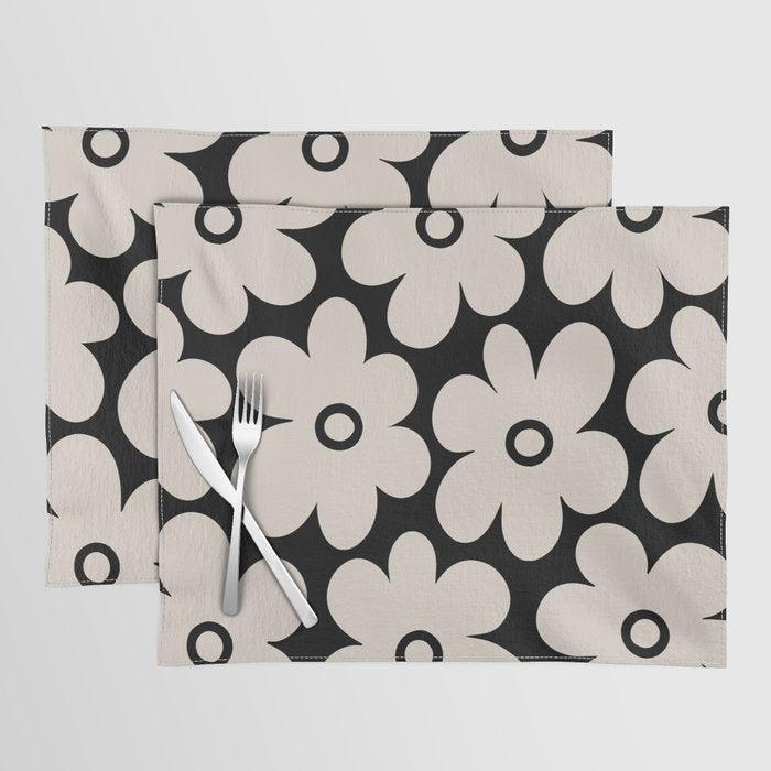 Retro Flowers Black and Linen White Placemat Gallery Image 1