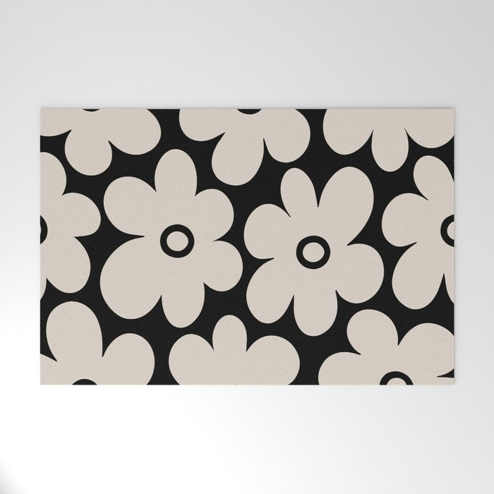Retro Flowers Black and Linen White Welcome Mat Gallery Image 1